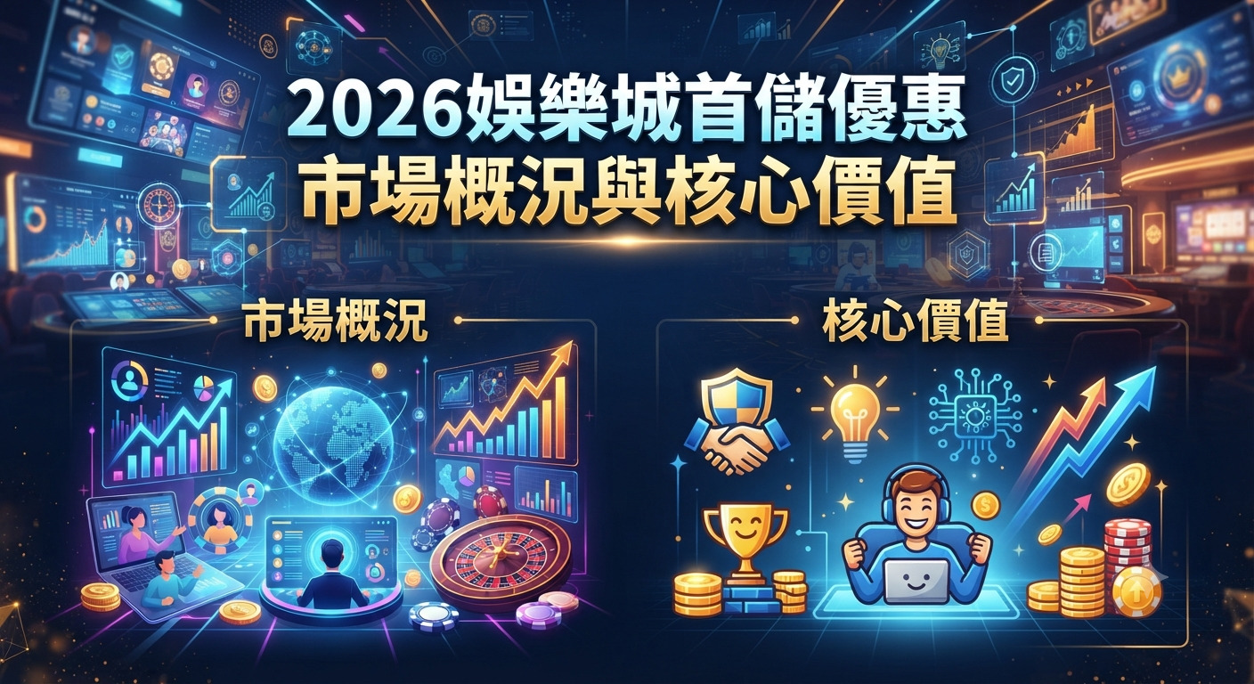 這張圖片以科技感十足的藍色與金色為主調，上方醒目地展示了「2026娛樂城首儲優惠市場概況與核心價值」的主題文字。 畫面下方則透過圖表、數據圖示與插圖，分別象徵市場概況的分析趨勢以及核心價值的多元意涵。