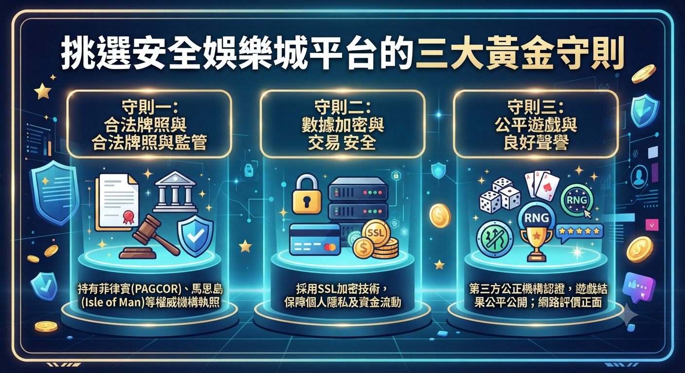 這張圖片展示了挑選安全娛樂城平台的三大黃金守則，採用了科技感十足的藍色與金色基調。 畫面上方醒目地呈現了「挑選安全娛樂城平台的三大黃金守則」標題，並以三個支柱分別象徵合規牌照、數據加密與公平遊戲。